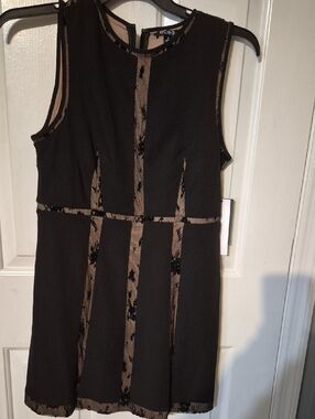 BCBG Black Mini Dress with Tan Lace-Effect Panels